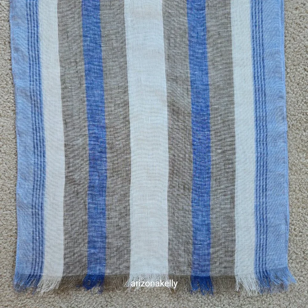 Puro Lino Linen Scarf Stripe Blue White & Taupe Italian Linen